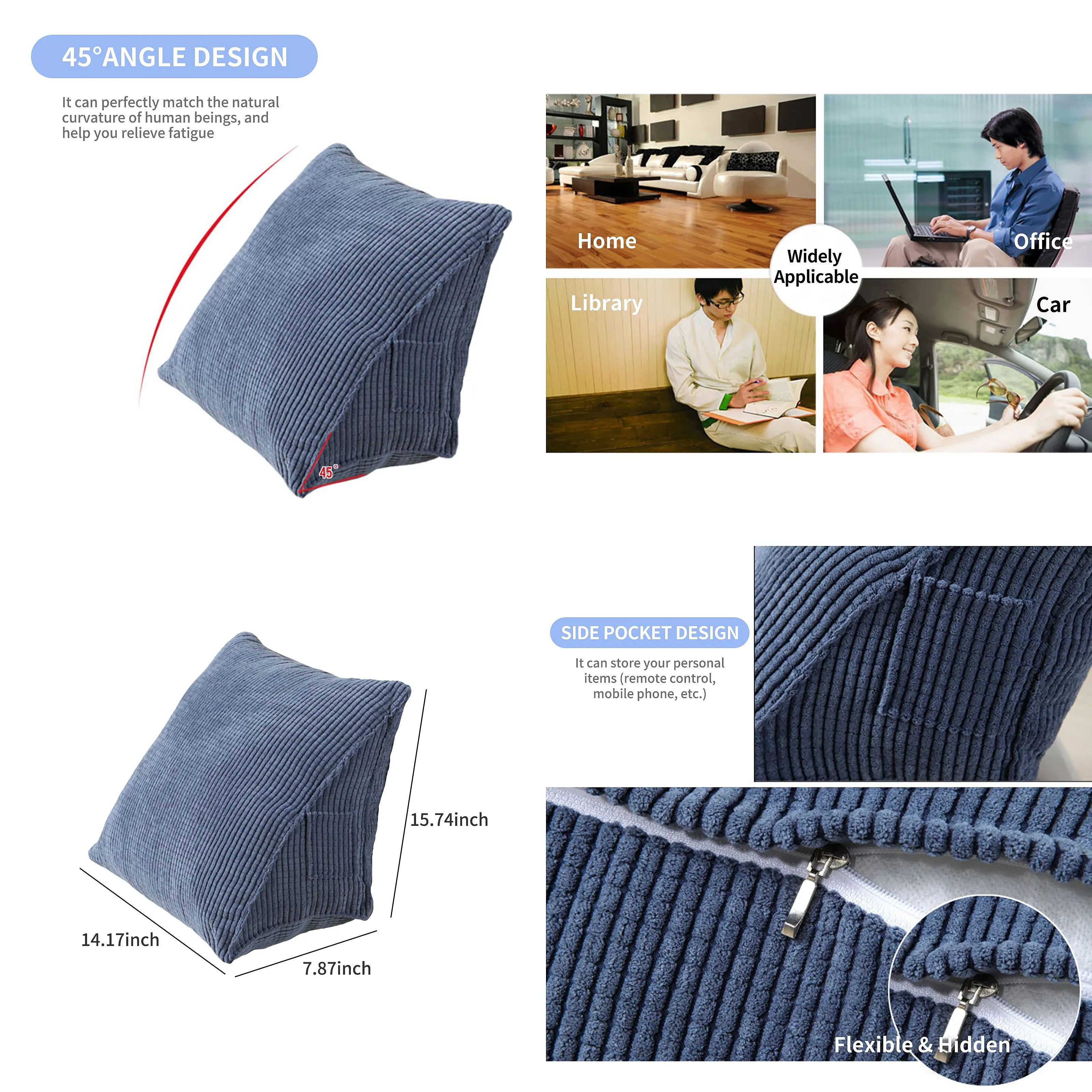 Triangle Pillow Pillow With Zip Pocket Triangle Wedge Bolster Small Back Support Pillow Cushie Pillows for Office Home Bed Sofa
