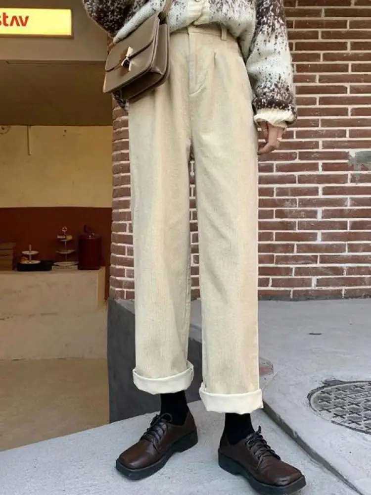 Vintage Corduroy Pants High Waist Spring Straight Trousers Causal Pockets All Match Female Black Korean Pants