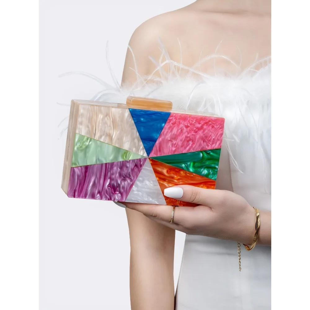 

Women's New Colorful Collision Spliced Acrylic Evening Handbag Shoulder Crossbody for Wedding and Party Fashionable Clutch