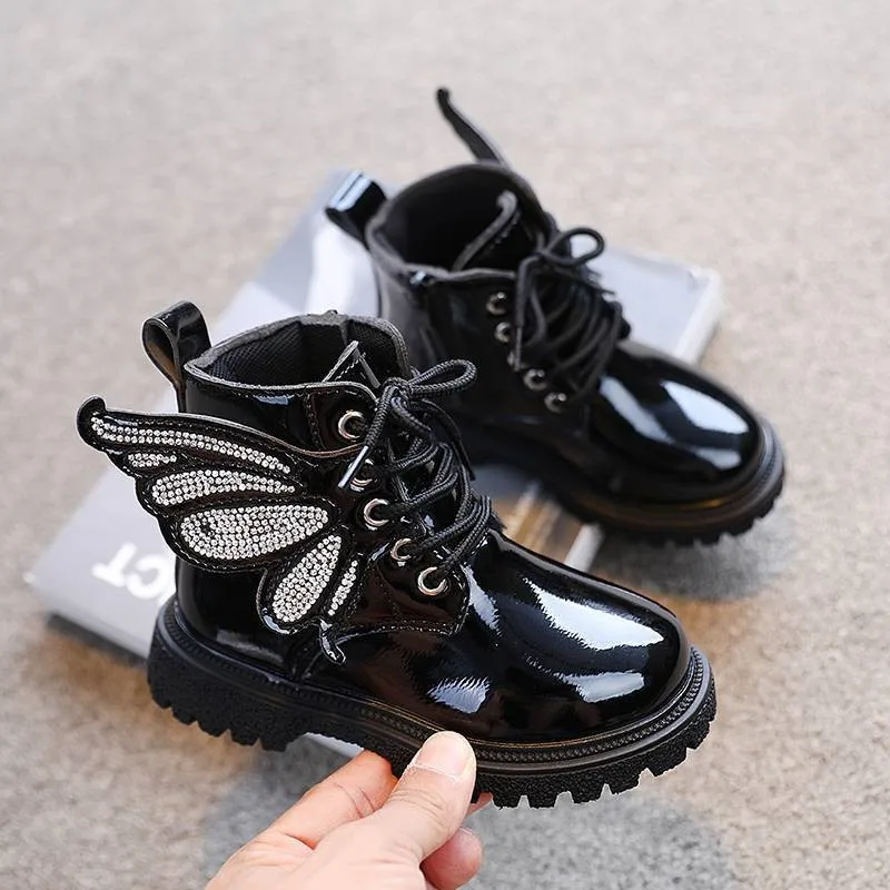 Autumn New Children\'s Boots Fashion Girls Black Short Boots Students Wild Butterfly Rhinestones Kids Shoes Leather Boots H279