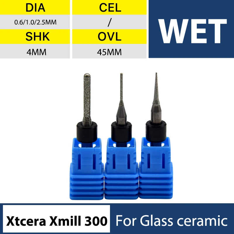 

XANGTECH Dental Xtcera Xmill 300 Wet Milling Burs Tools 0.6/1.0/2.5mm for Glass Ceramic Lithium Disilicate