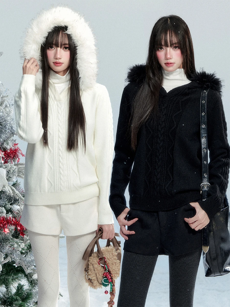 

Вязаный свитер с высоким шерстяным содержанием Fragile Heart и съемным меховым воротником, вязаный дизайн Long Sve, женская мода