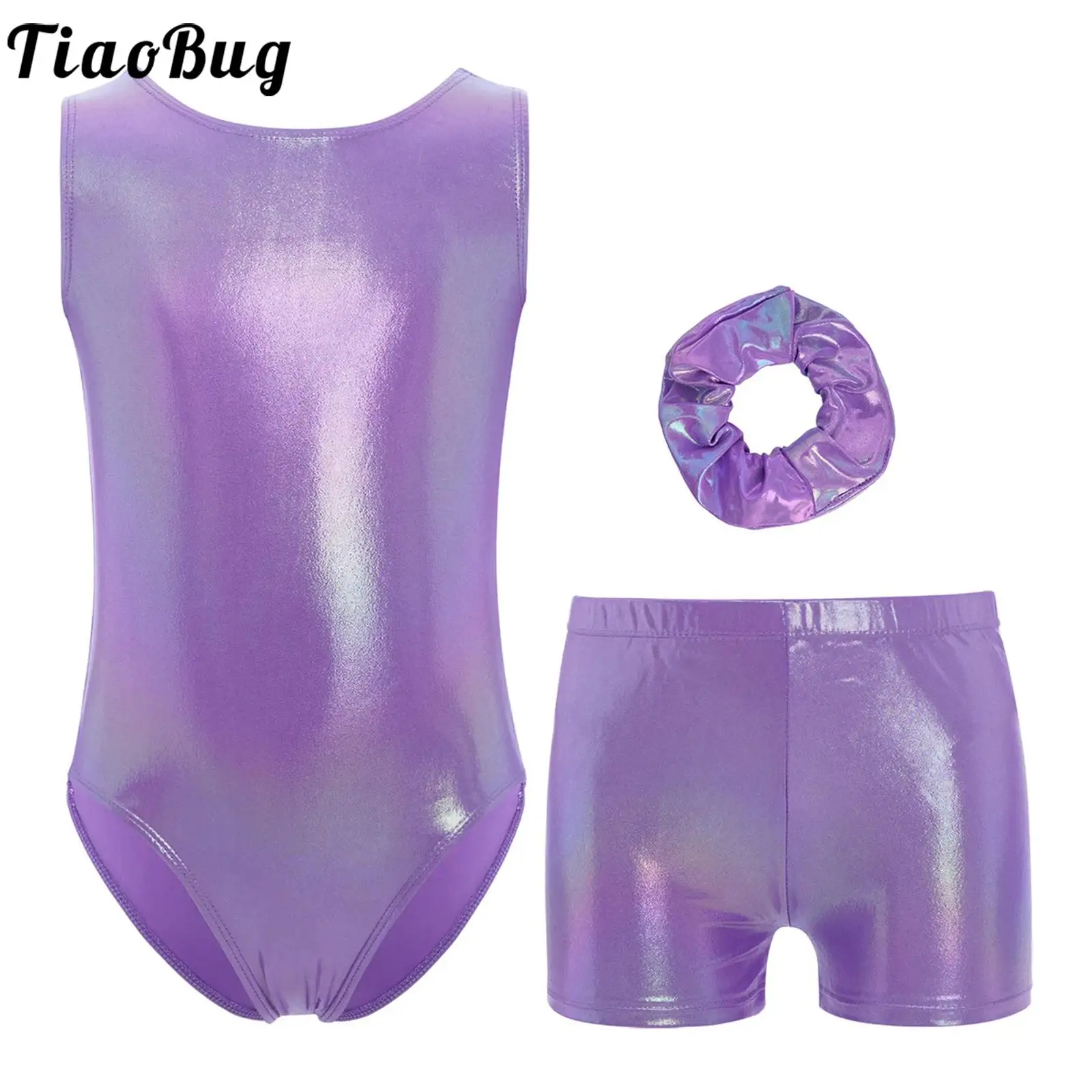 

Kids Girls Metallic Gymnastics Rhythmic Dance Outfit Sleeveless Crisscross Back Leotard with Shorts And Hairband Performance Set