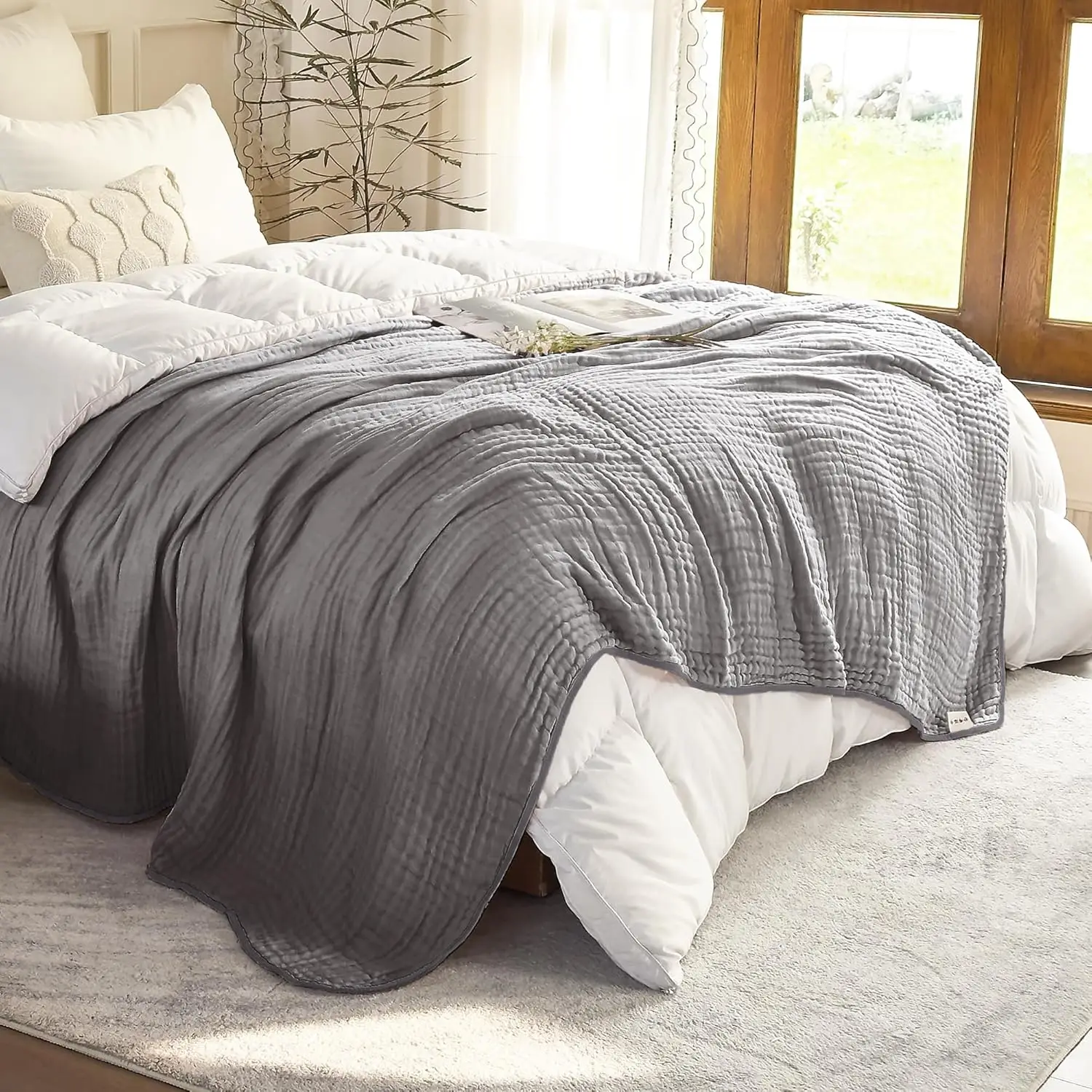 

Муслиновые одеяла королевского размера для взрослых, 100% хлопок, 6-слойное марлевое серое охлаждающее одеяло, легкое, мягкое и дышащее