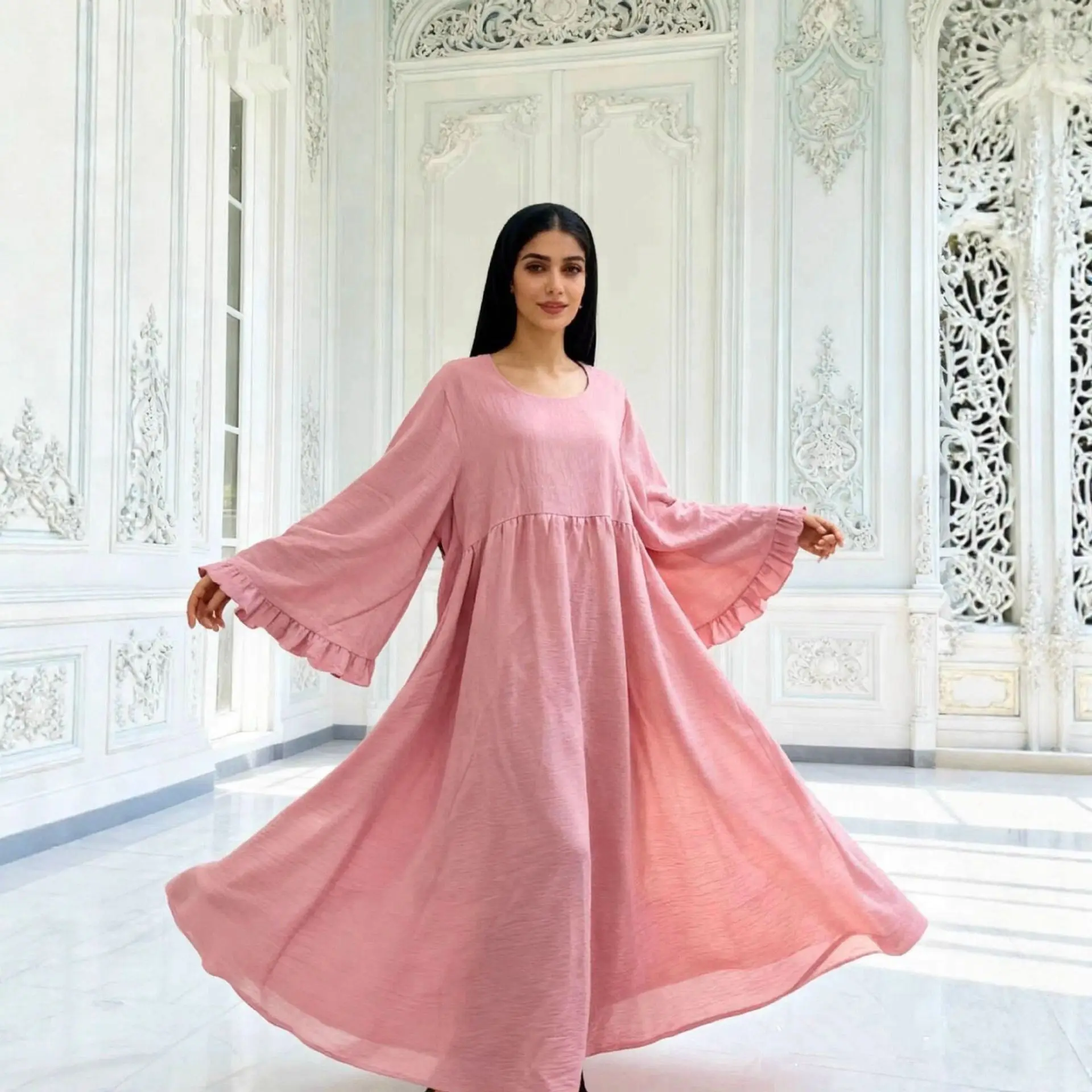 

Новое мусульманское женское платье макси 2026 года с рюшами и расклешенными рукавами, абайя, дубайский кафтан, турецкий халат, кафтан, марокканский женский исламский джалабия, абайи