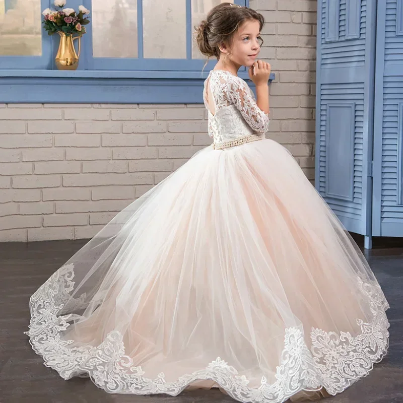 Тюлевые платья цвета шампанского для девочек-цветочниц, белые аппликации, пояс с бриллиантами и жемчугом, половина рукава для свадьбы, дня рождения, платья для первого причастия