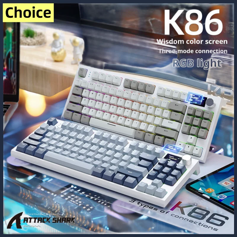 

Attack Shark K86 RGB Wireless Mechanical Keyboard,Hot Swap,Metal Knob,TFT Screen,Tri-mode Connectivity,Macro Gaming Keyboard