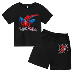 Conjunto de camiseta de cuello redondo y pantalones cortos de Spider-Man para niño y niña, ropa informal de algodón con estampado de manga corta, verano, 2 a 12 años