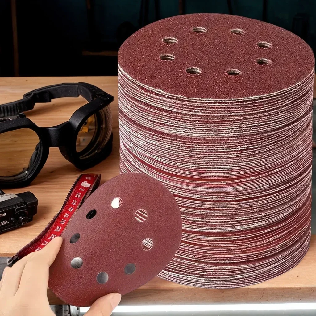 

5-дюймовые шлифовальные диски из оксида алюминия с зернистостью 80 — наждачная бумага красного бархата с крючком и петлей с 8 отверстиями для полировки металлов и дерева на воздушных шлифовальных станках