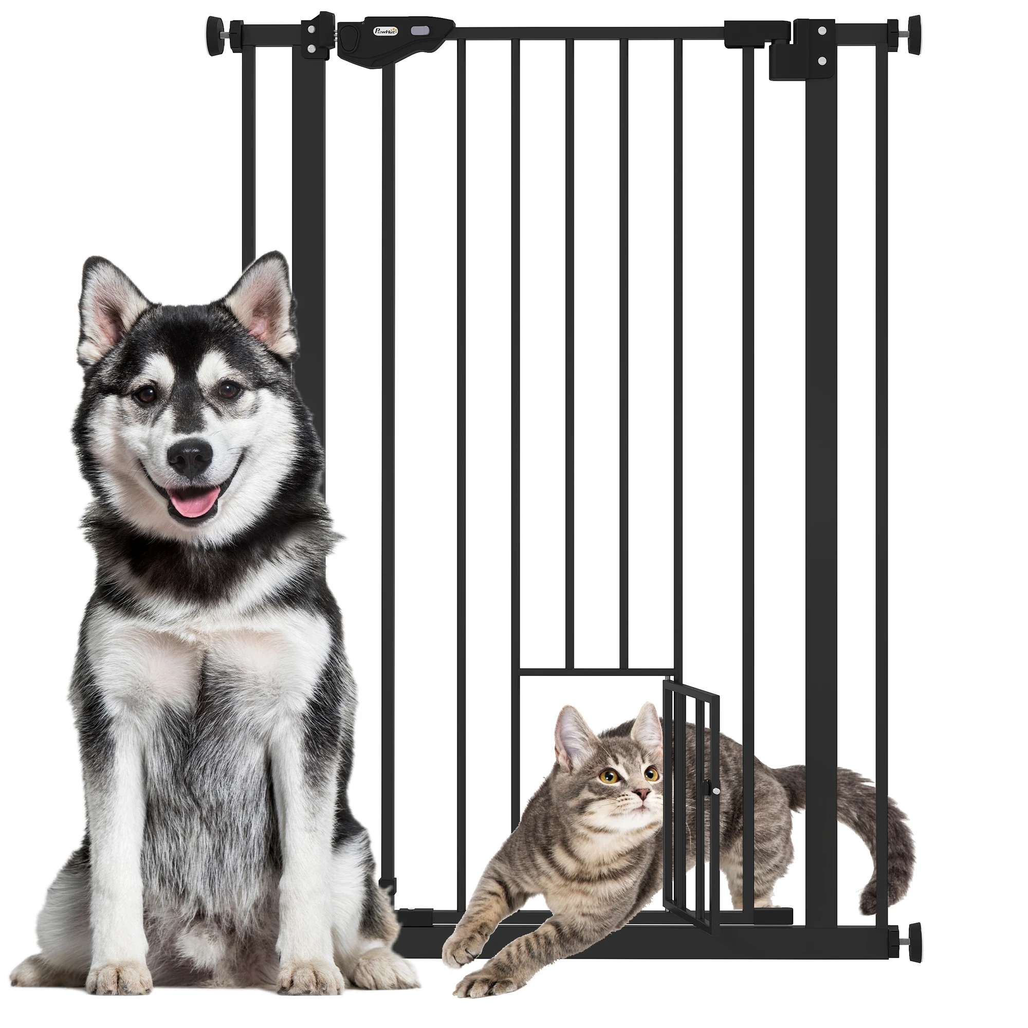 Barriera di sicurezza PawHut per animali, altezza H cm, design con porta, sistema di chiusura automatica a doppio blocco per gatti