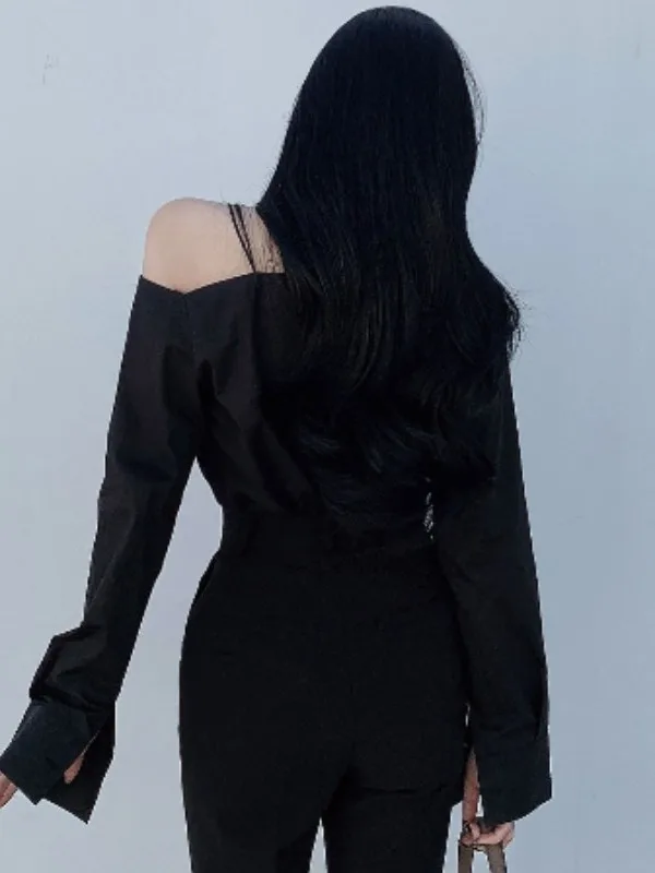 シックな非対称ルーズ V ネックセクシーなミニシャツ女性のストラップレスボタンアップトップ春のファッションカジュアル快適な衣服