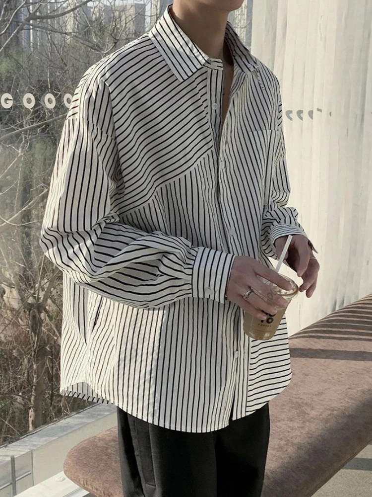 LANMREM Irregular Striped Shirt For Female Lapel Single Breasted Pockets Design Loose Top Versatile 2024 New Clothing CP2797