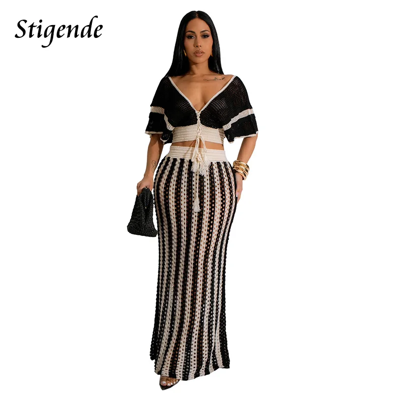 Stigende Striped Two Piece Knit Set Women Lace Up Hollow Out Outfits Sexy Deep V Neck Crop Top and Maxi Skirt