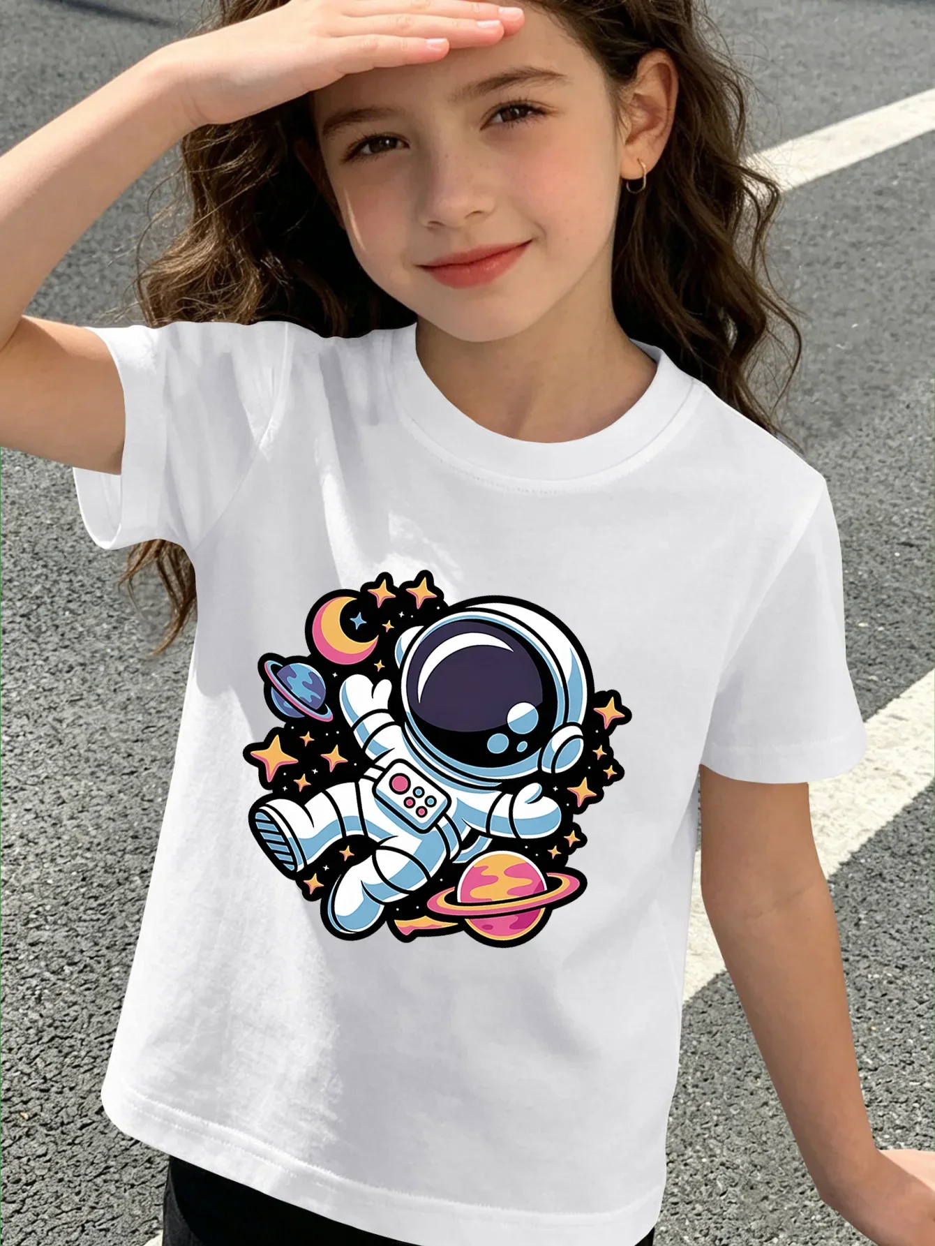 Cute Astronaut Planet Cartoon Print Boys Girls Short Sleeve Tee Parent Match Soft Cotton Kids Space Trendy Casual T Shirts