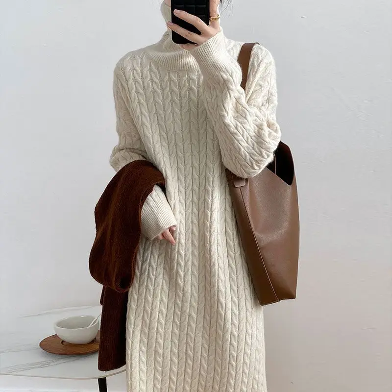 Dresses Women Knitted Long Dress Pullover Turtleneck Autumn Winter Thick Knitting Sweater Maxi Gown Vintage Casual Vestidos