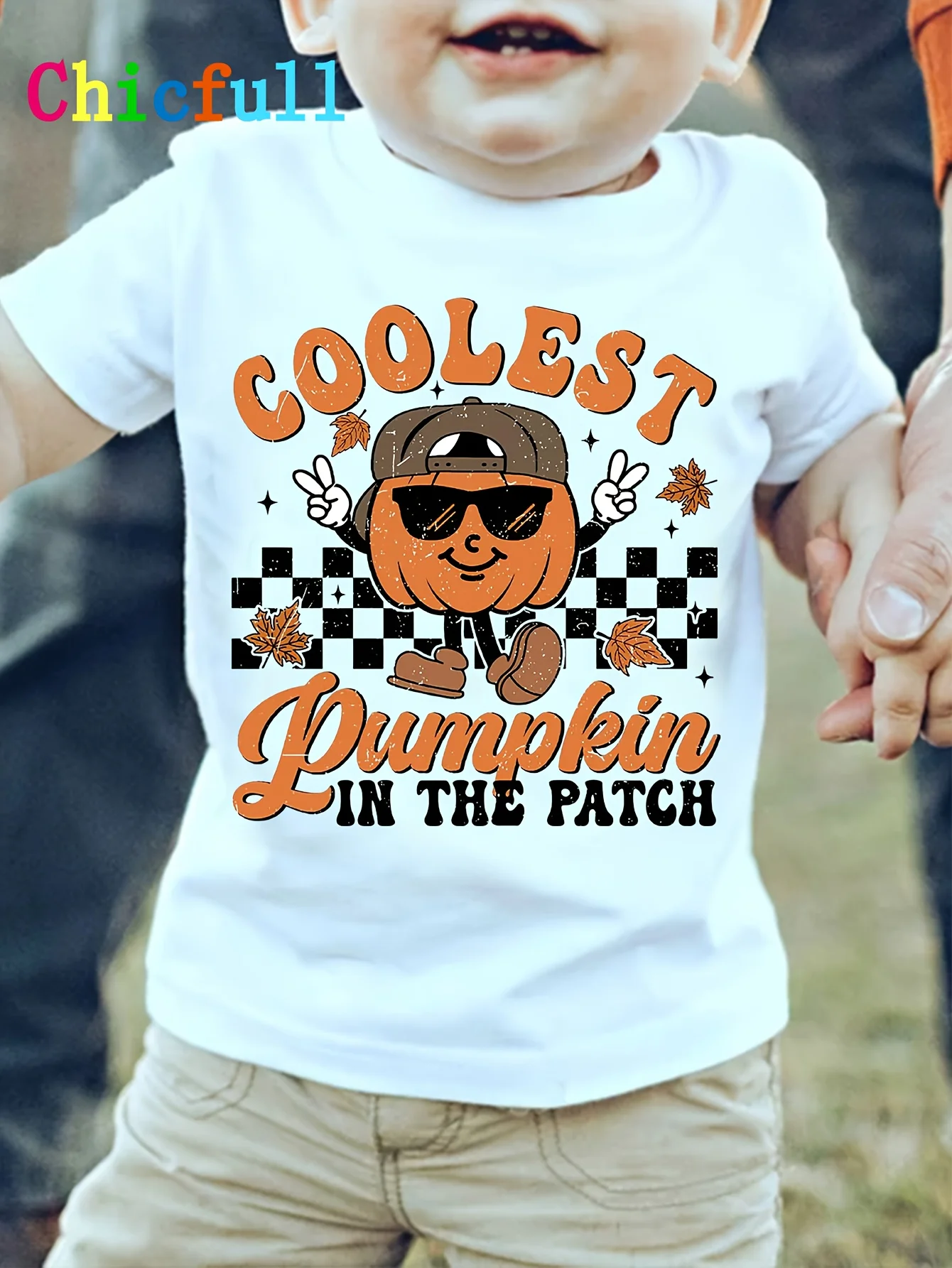Boys‑Autumn‑Pumpkin‑Peace‑Sign‑Print‑T‑Shirt, Machine Washable For Halloween Party Daily Wear