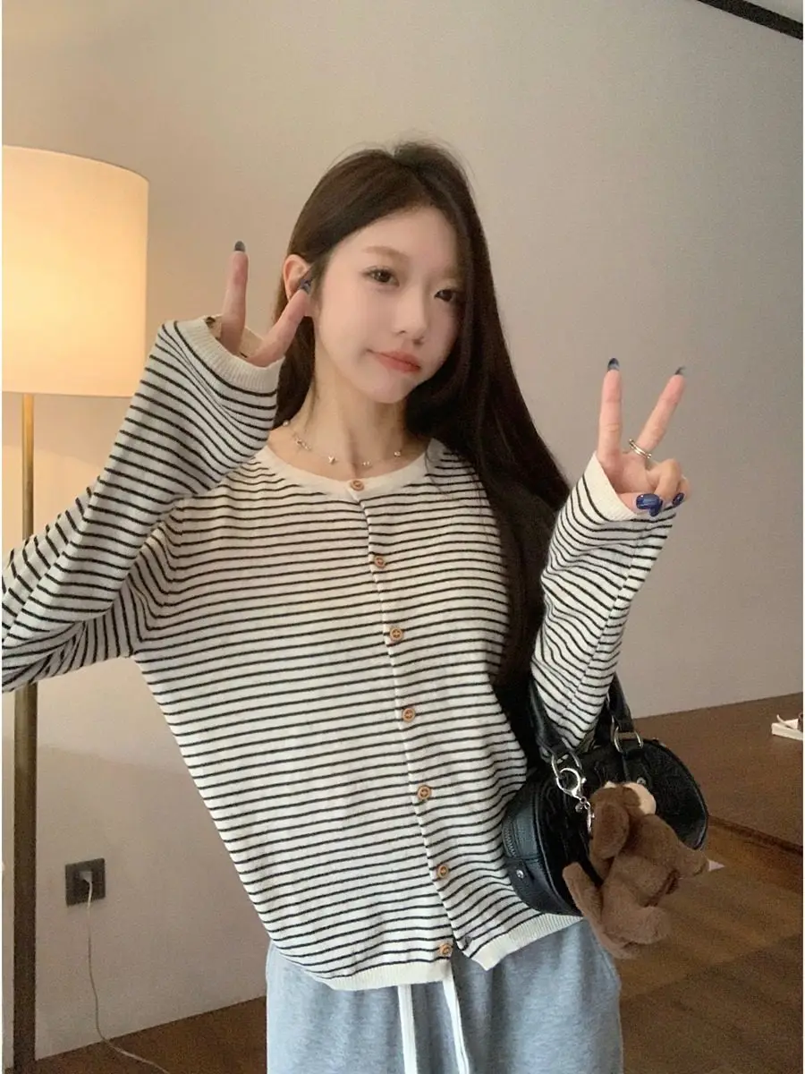 Color Blo Striped Long Sve Knitted Cardigan round Ne Casual Sle Women's Winter Slimming Top Button up Knitwear