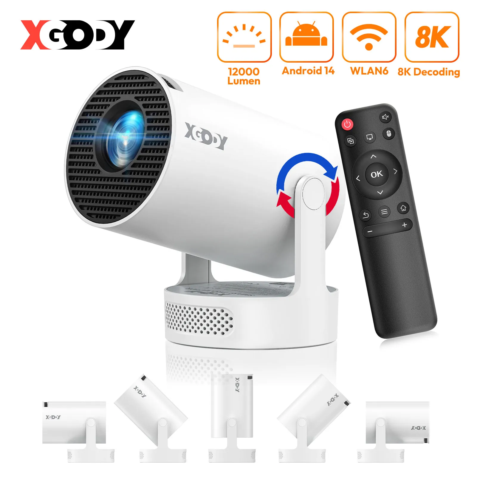 XGODY 8K Android 14 Projektor WiFi 6 Bluetooth 5.0 12000 Lumen Helligkeit Tragbares Heimkino für Outdoor-Unterhaltung