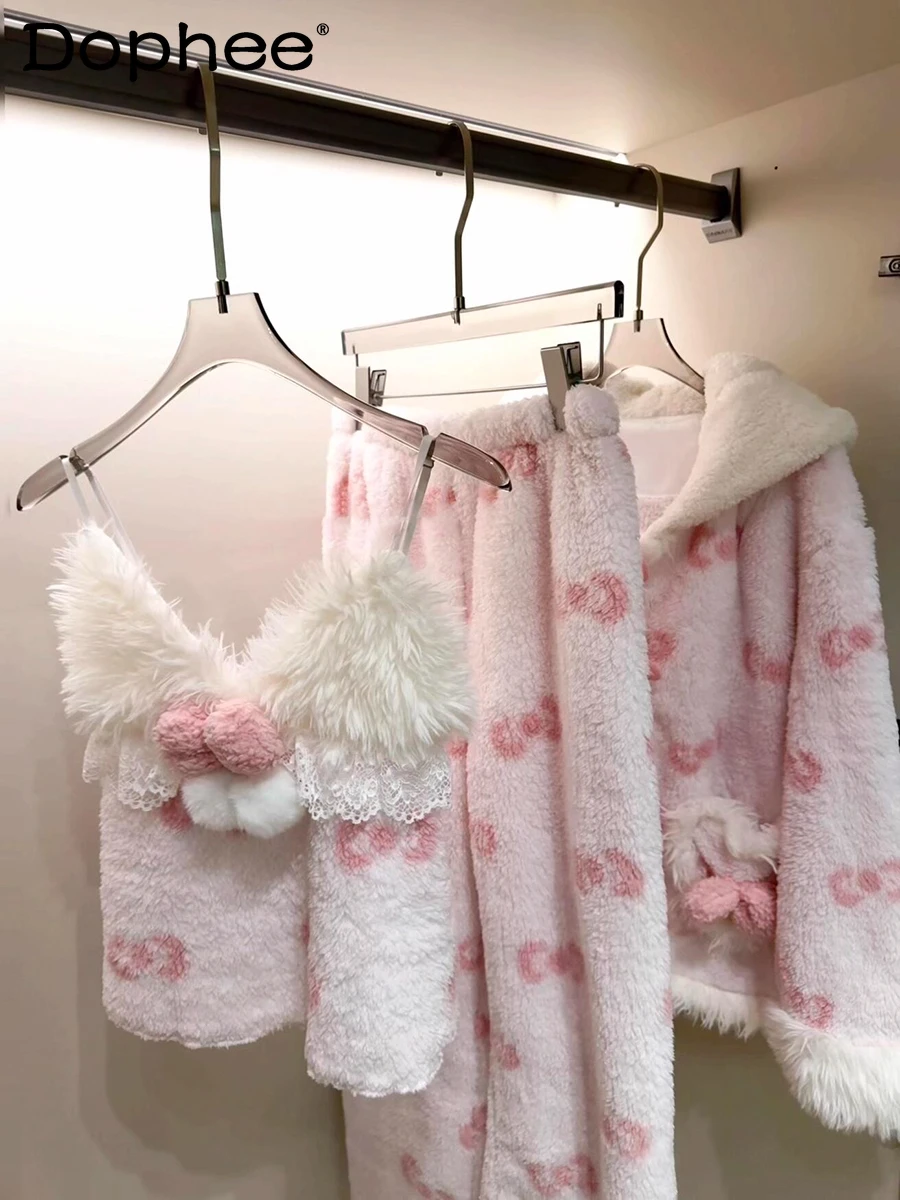 

Flannel Hooded Bunny Ears Pajamas for Women Thickened and Fleece-lined Sweet Three-piece Homewear Set for Autumn and Winter