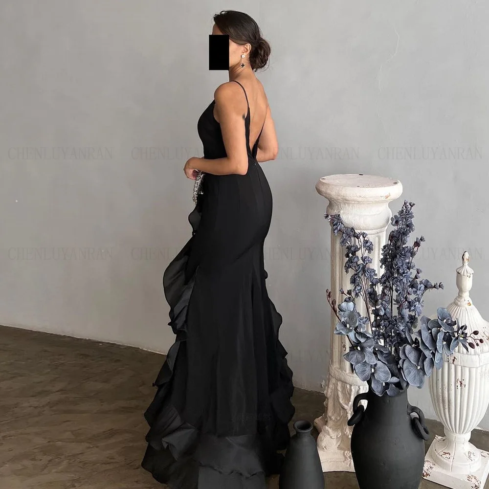 Black Mermaid Formal Occasion Dresses 2024 O-Neck Sexy Ball Gowns Spaghetti Strap Backless Evening Party Gown فساتين الحفلات