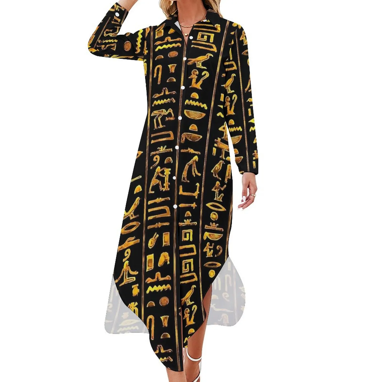 Ancient Egyptian Art Hieroglyphs Chiffon Dress  Beach Dresses Women Long Sleeve Street Wear V Neck Pattern Big Size Casual Dress