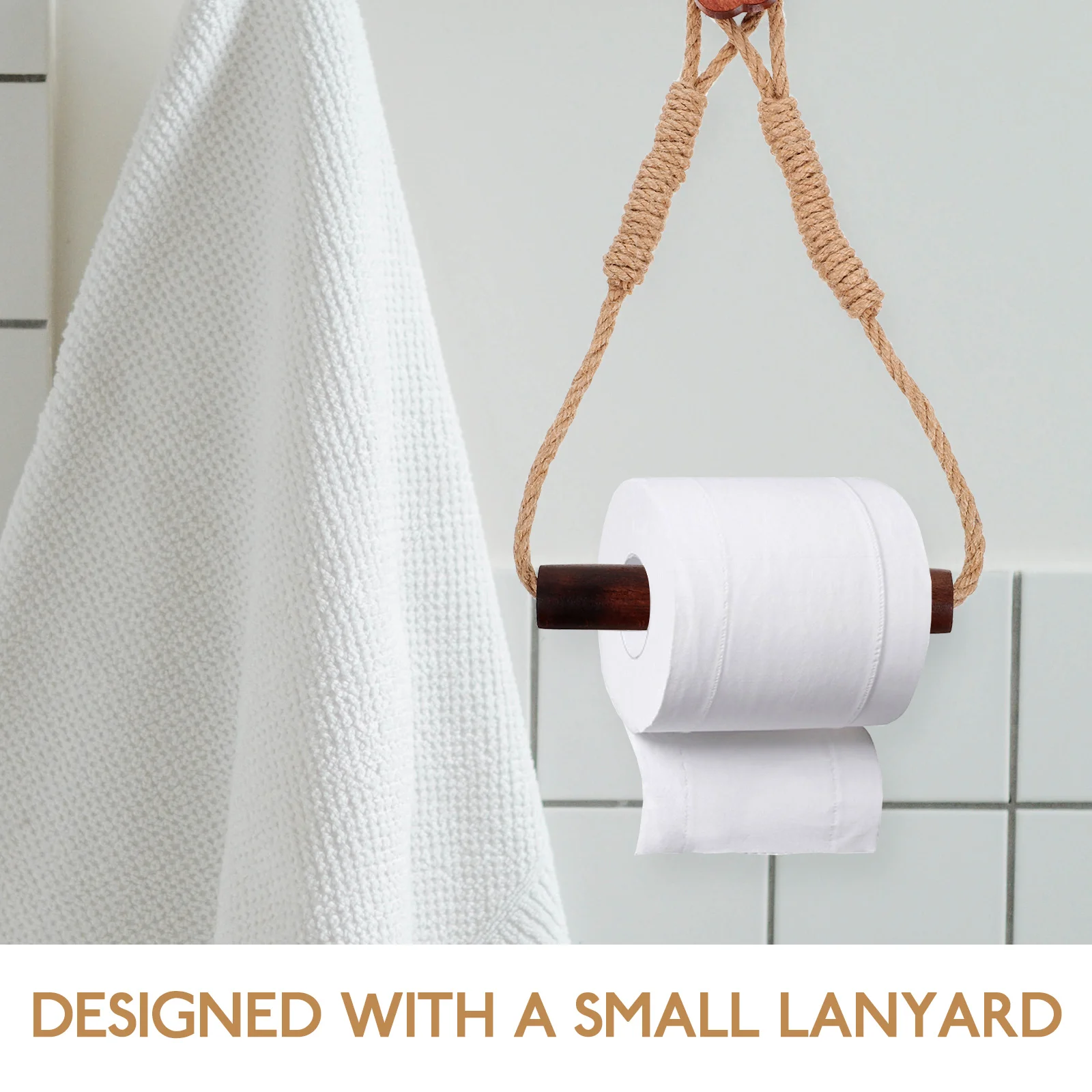 

Wall Mounted Paper Towel Holder Handwoven Rope Tissue Rack Black Walnut Vintage Bathroom Living Room Accessories