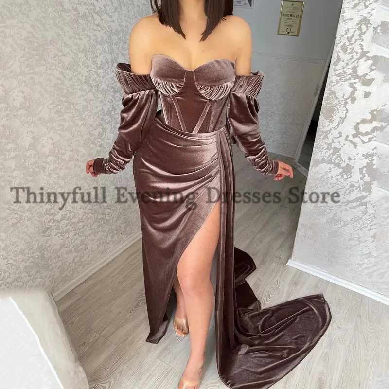 Thinyfull Sexy Mermaid Avondjurk Off Shoulder Velvet Prom Dresses Side Slit Floor Lengte Saudi Arabië Partij Jassen Plus Size