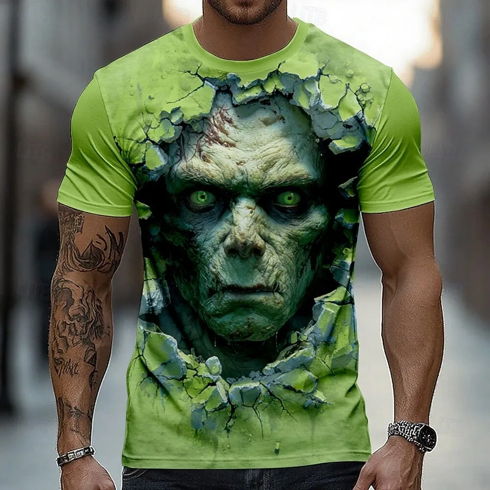 Halloween Men's Optical Illusion 3D Monster Short Sleeve T shirt 3D Print Crew Neck Shirt Horror Party Street Holiday Clothing