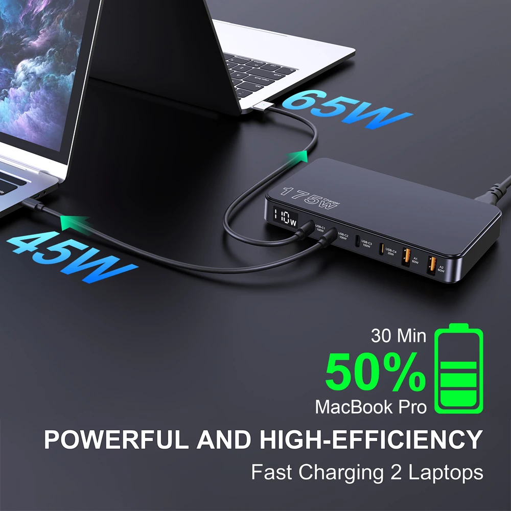 Ueetop 175W GaN USB C Charger LED Display 6-Port Desktop Charger Type C PD 100W PPS 45W Fast Charging for MacBook Samsung iPhone