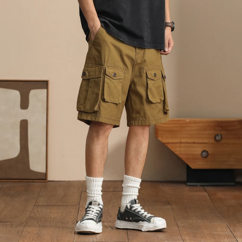 Summer street men's work shorts High-end combed cotton loose fit knee-length pants Multi-pocket model stretch casual pants