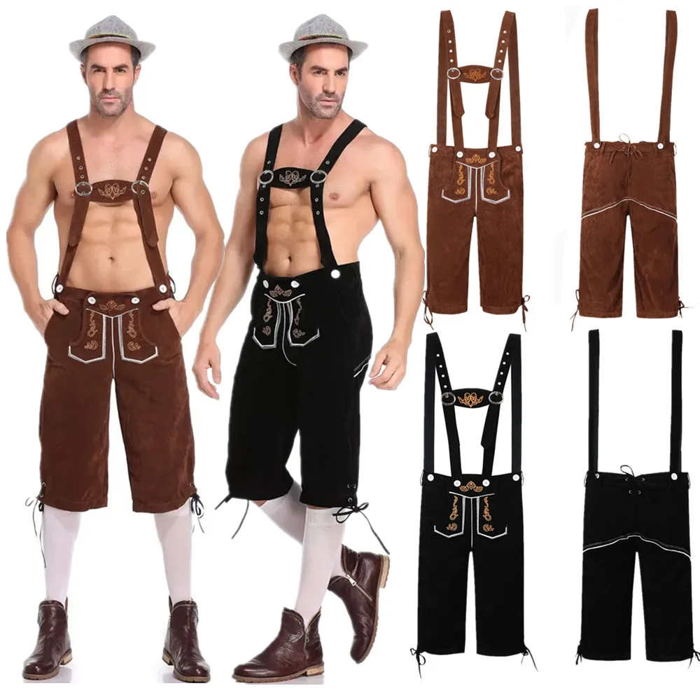 M-XXL Men German Oktoberfest Lederhosen Costume Black Brown Suspenders Strap Pants Beer Festival Male Cosplay Halloween