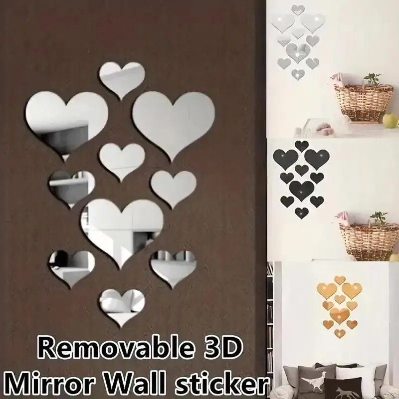10Pcs 3D Love Mirror Wall Sticker Removable No Residue Decal for Wedding Party Kids Playroom Toilet Table Wall Decor