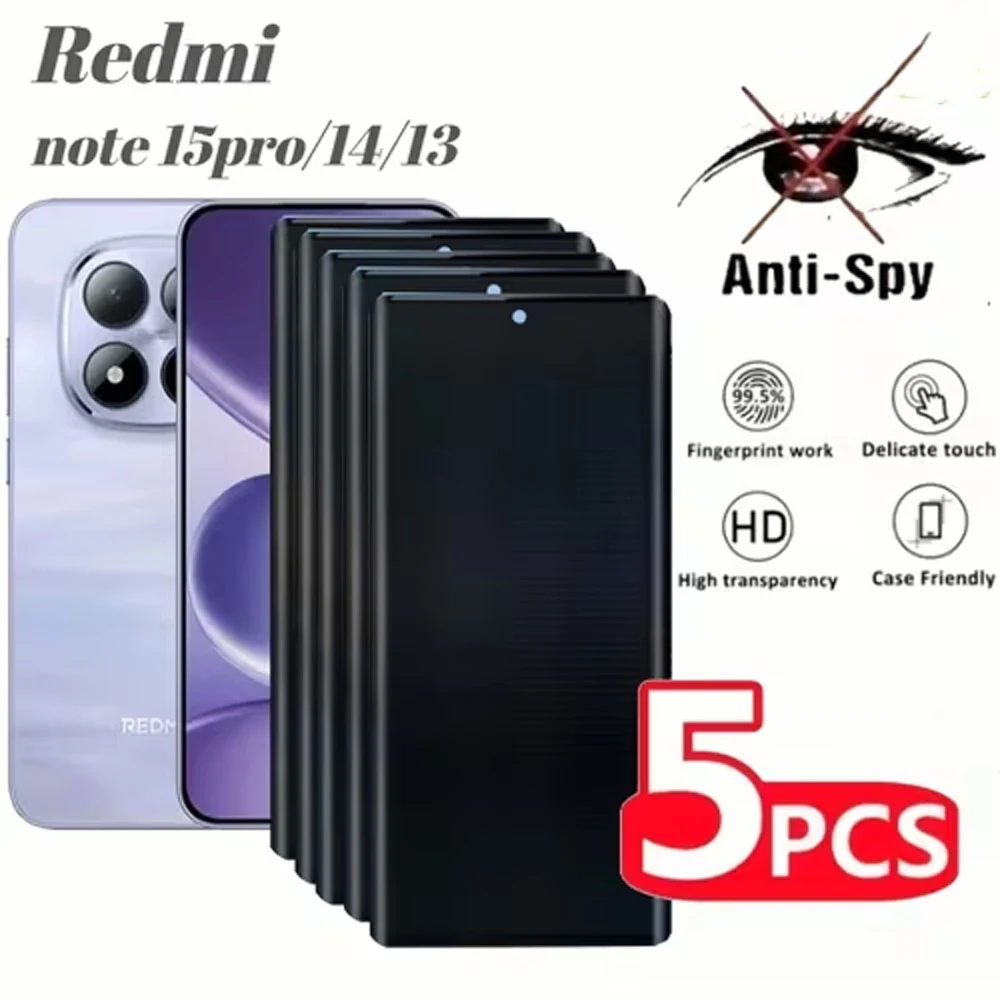

5-1Pcs Privacy Curved Screen Protectors For Xiaomi Redmi Note 15 4G Note 14 Pro Note 13 Pro Plus 14 Pro Plus 5G Tempered Glass