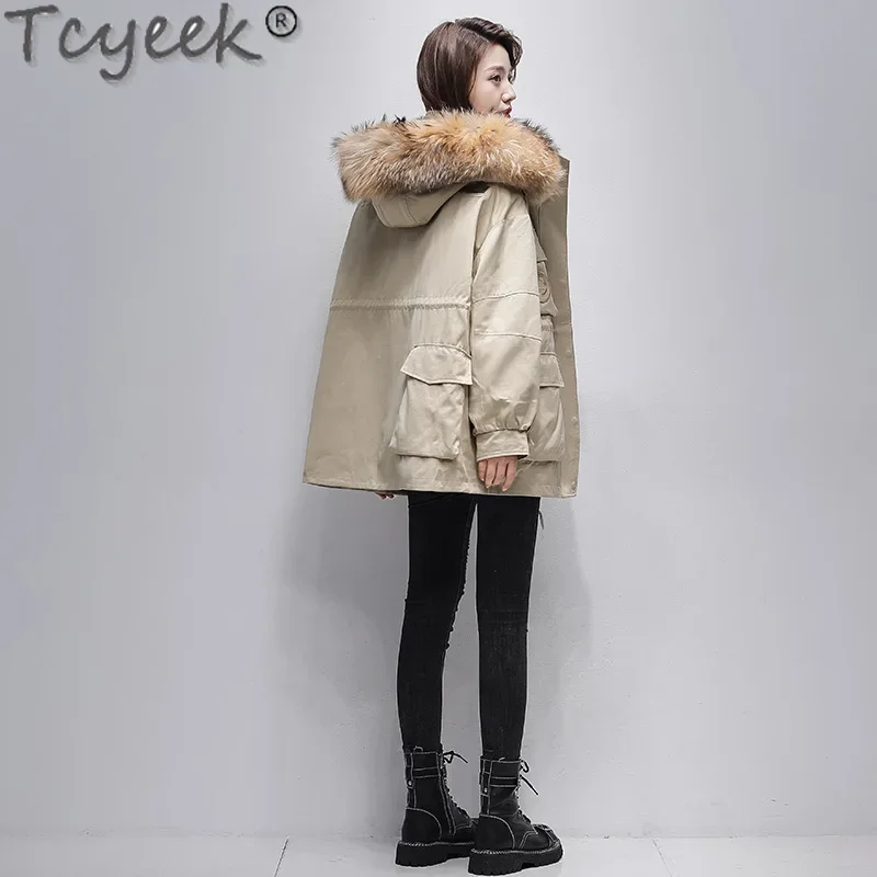 Tcyeek-abrigo con forro de piel de conejo Rex para mujer, Parka holgada de longitud media, chaqueta de piel de mapache, ropa de invierno, novedad