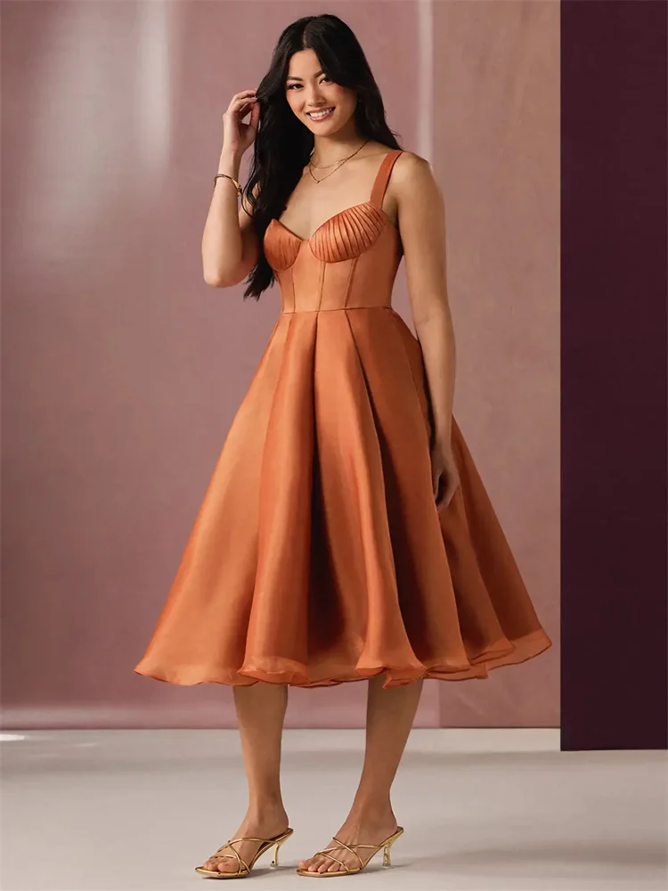 Customized Exquisite Mid-length A-line Dress, Sleeveless Sweetheart Neckline, Tight-fitting Boned Bra, Draped Skirt Evening Gown
