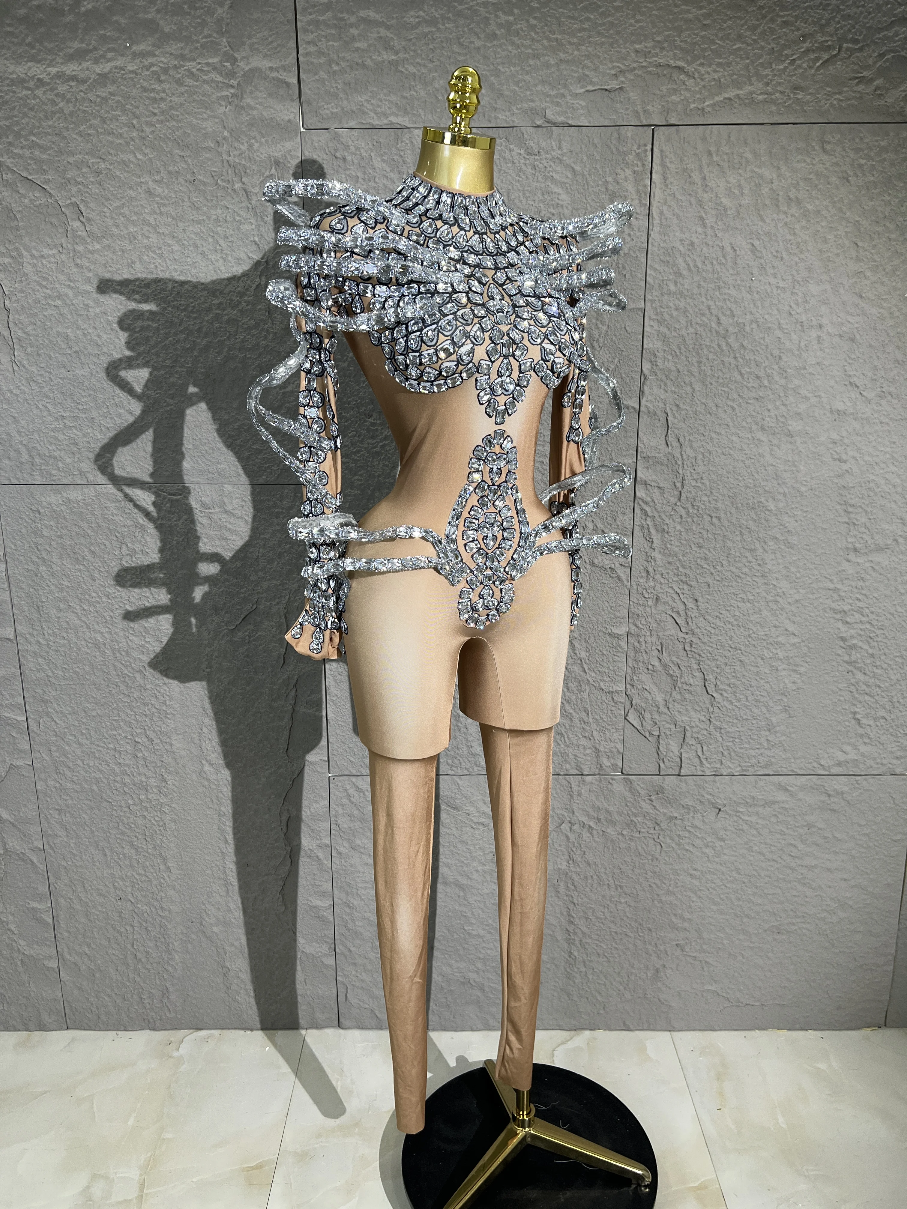 Women Silver Rhinestone Mesh Bodysuit 3DWing Shoulder Decor Cut-Out Full BodyCostume With Gloves Stage Show Pageant Club Outfit