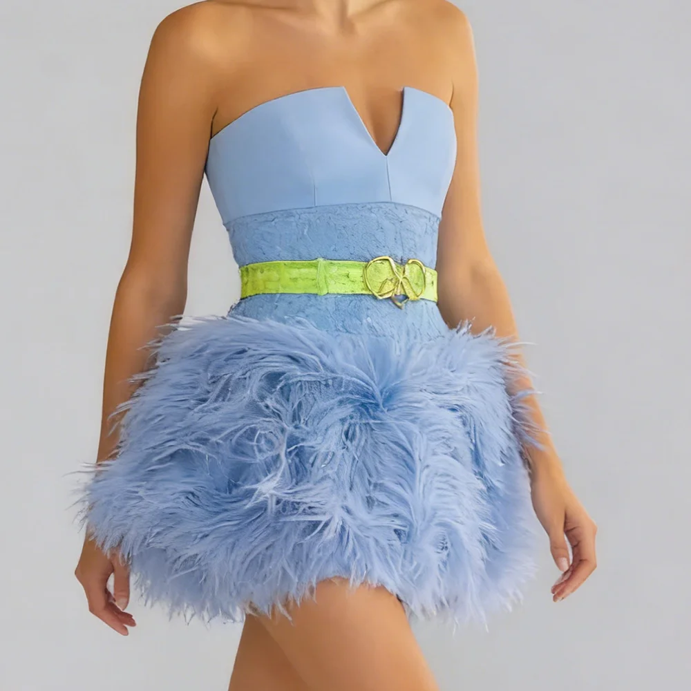 

Elegant Strapless Blue Sleeveless Sashes Feather Mini Formal Evening Dresses Birthday Party Prom Gowns Customized