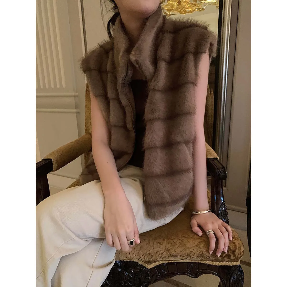 

Жилет из искусственного норкового меха с воротником-стойкой для женщин, осенне-зимнее теплое меховое пальто без рукавов на молнии