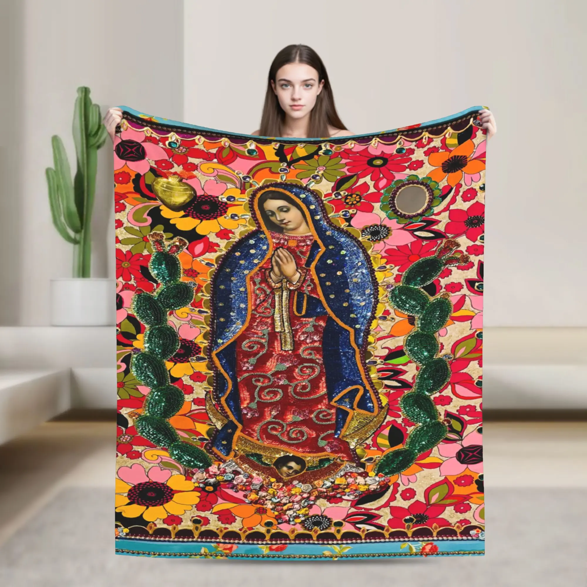 Virgin Mary Cherubs Rose Blankets  Warm Street Trend Plush Throw Blanket For Outdoor Decorative Flannel Bedspread Bed Cover