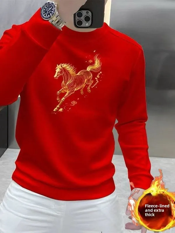 

Красный свитшот большого размера в повседневном стиле, модная новогодняя одежда, хлопковый свитшот с длинными рукавами и круглым вырезом