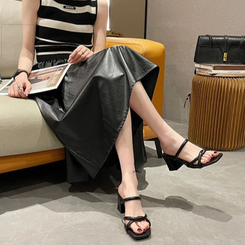 Women's Slippers Summer Fashion Party Dress High Heels 7CM Coarse Following Open Toe Square Head Sandals Narrow Band Women Shoes