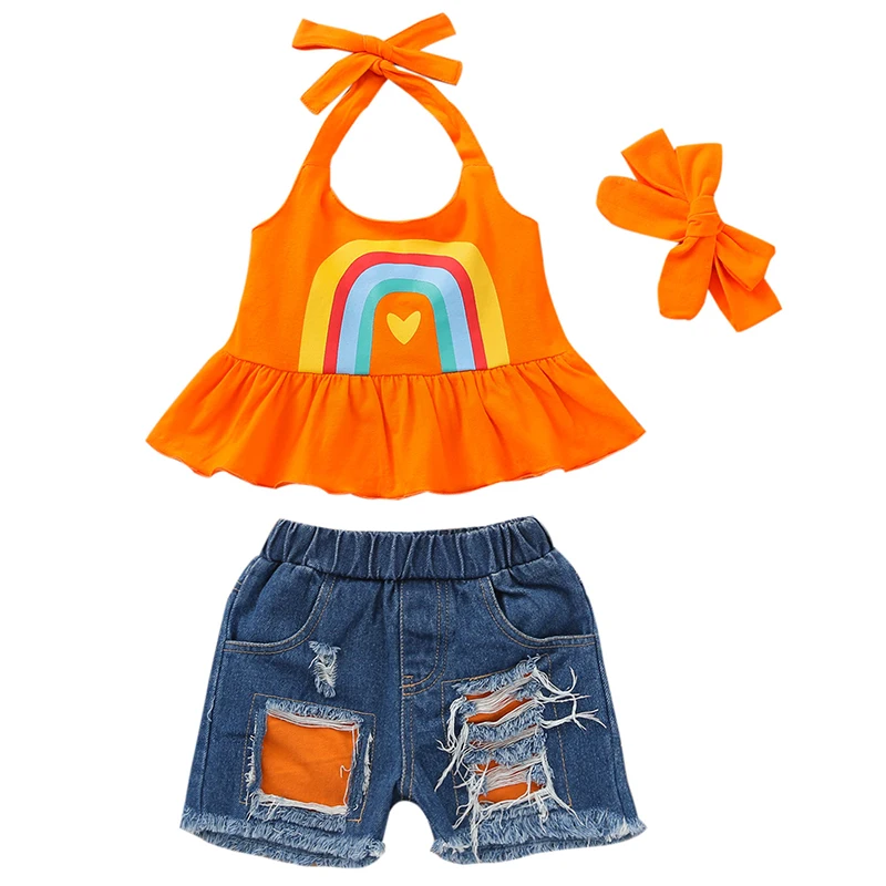 

3Piece Summer Children Clothes Girls Korean Cute Print Sleeveless Cotton Baby Tops+Hole Shorts Boutique Kid Clothing Set BC205