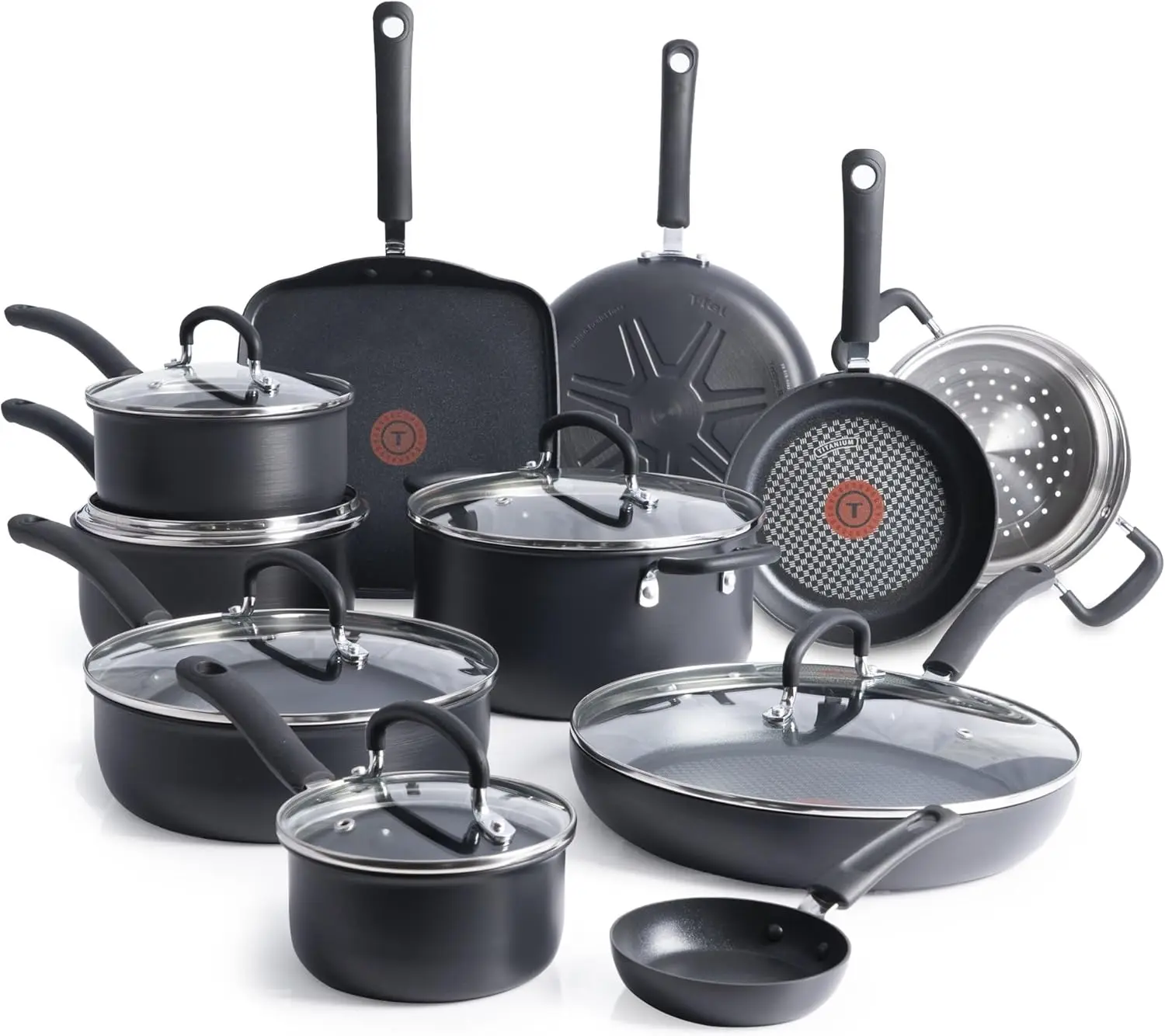 

Набор посуды T-Fal Ultimate из 17 предметов с твердым анодированным антипригарным покрытием, включая сковороду, сотейники, кастрюли и решетку для жарки.