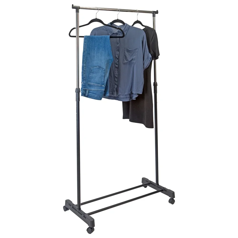

Portable Rolling Garment Rack Adjustable Height Clothes Organizer with Base Shelf Safety Lock Ideal Home and Travel