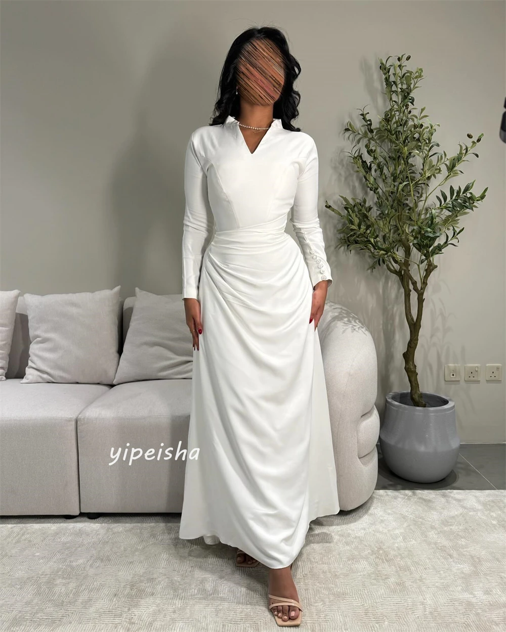 Prom Dress Evening Jersey Button Draped A-line V-neck Bespoke Occasion Gown Long Sleeve es Saudi Arabia