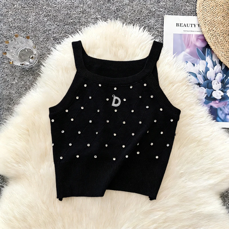 Schwarzes Perlen-Strass-Verziertes Crop-Top Damenkleidung Ärmellos mit Spaghettiträgern Geripptes Strick-Casual-Sommer-Tanktop