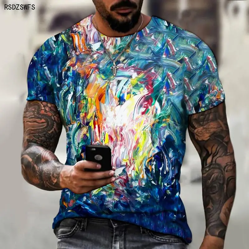 2021 new abstract mosaic pattern 3D printing T-shirt best-selling 3D printing street hip-hop men\'s color casual fashion