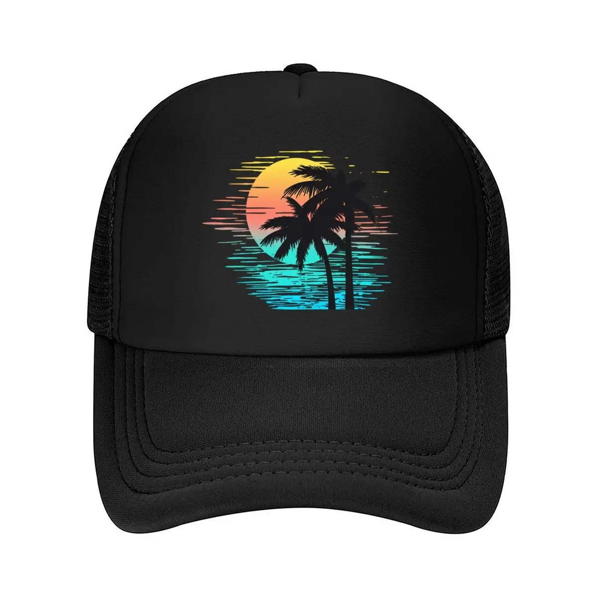 Tropical Palm Trees Sunset Ocean Graphic Mesh Baseball Cap Hip Hop