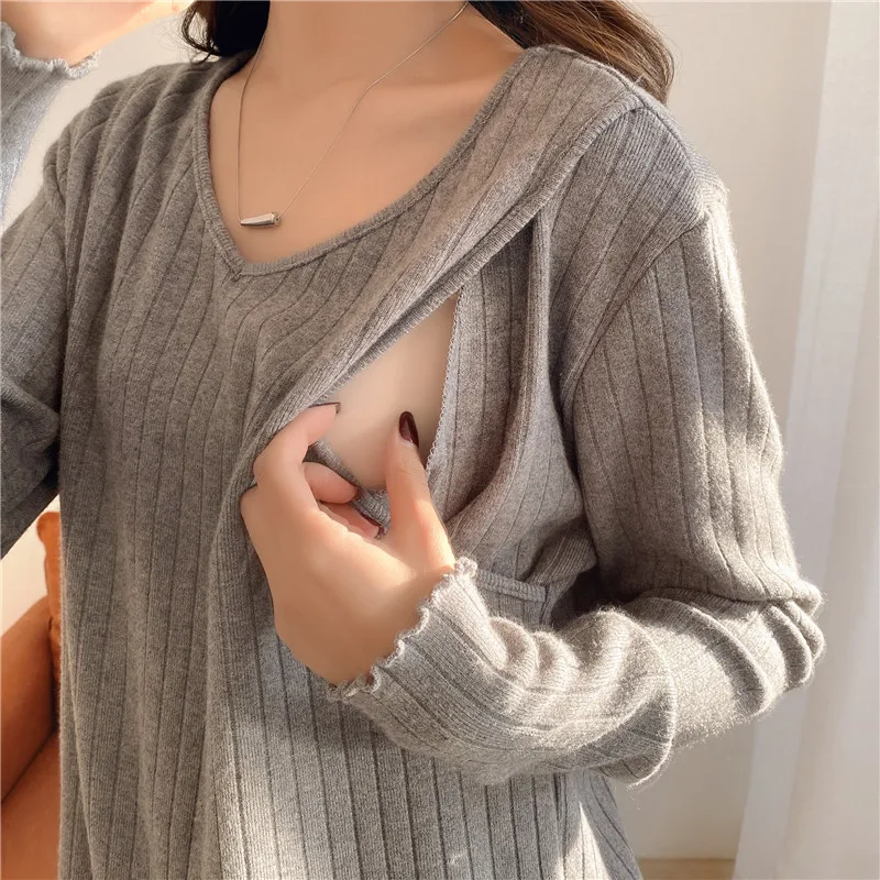 

Maternity Breastfeeding Cothes Pullover Sweater Pregnant Long Sleeve Knit Shirts For Nursing Mother V-neck Pregnant Clothing