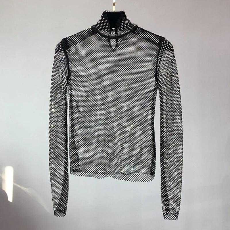 Glitzernde Netz-Diamant-Hohlmuster-T-Shirts Sexy Langarm-Rollkragenpullover für Damen Durchbrochenes Pailletten-Shirt Party Clubwear Großhandel – Detail 4